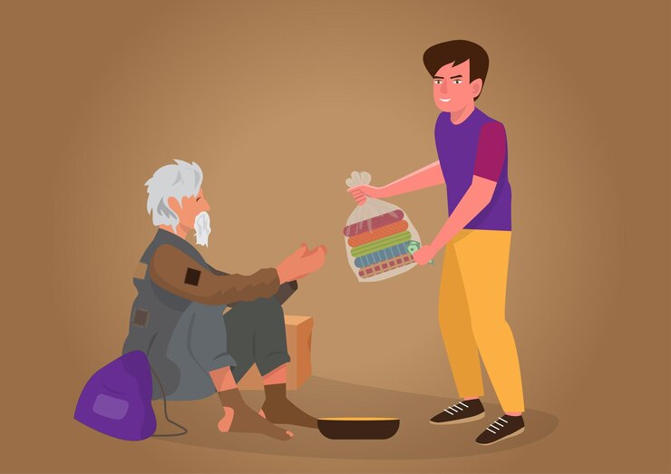 वेक्टर a kind young man donates money and clothes in plastic bags to the homeless and the poor flat style cartoon illustration vector