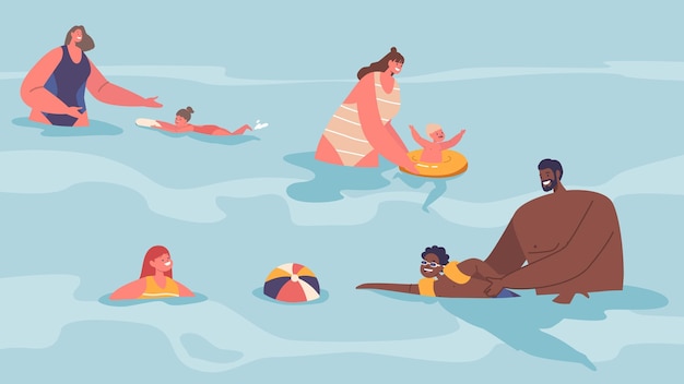 Kind zwemlessen leren veiligheid in het water Basisslagen en vertrouwen in het water Ervarende instructeur personages begeleiden kinderen door educatieve activiteiten Cartoon People Vector illustratie