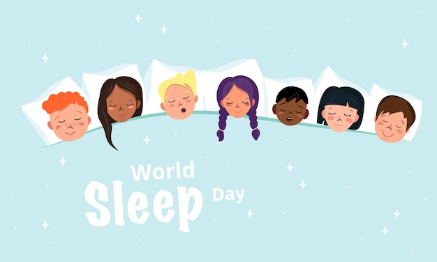 Kinder sleepover poster in pyjama party stijl. horizontale heldere banner voor world sleep day. kinderen van verschillende nationaliteiten slapen samen op een kussen. platte vectorillustratie