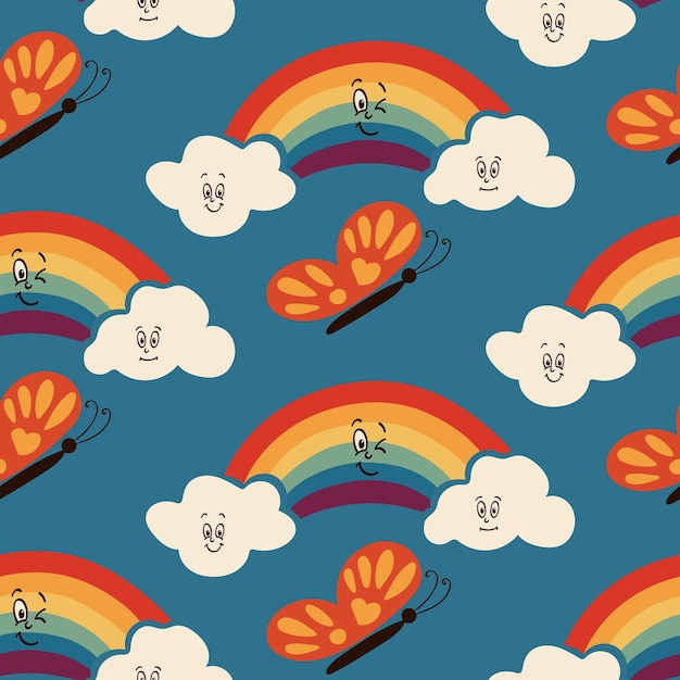 Kinderachtig cartoon vintage patroon met regenboog