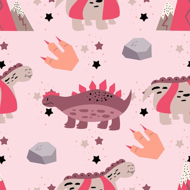 Kinderachtig naadloos patroon in roze met dinosaurus, stenen sterren en poot met klauwen. Vectorillustratie in vlakke stijl voor babytextiel met schattige dinosaurus.