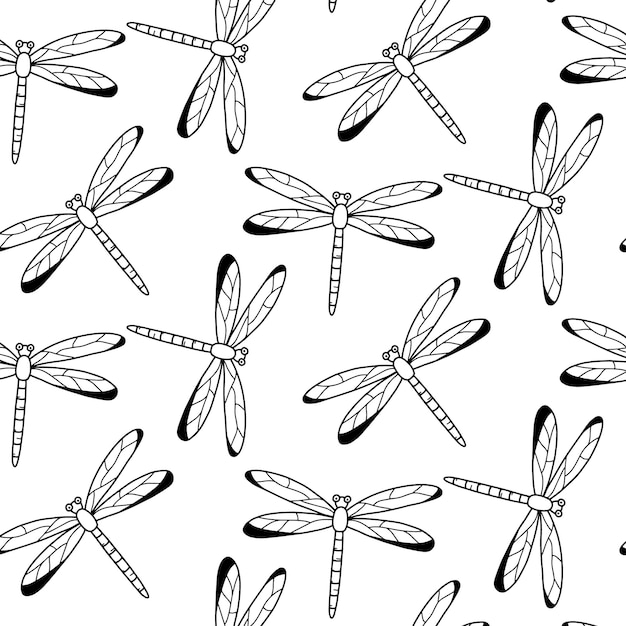 Kinderachtig naadloos patroon met libel Doodle stijl Vector illustratie Patroon met insecten