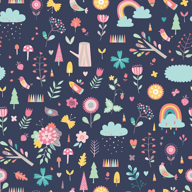 Kinderachtig naadloos patroon met schattige bloemen en regenbogen in cartoon stijl.