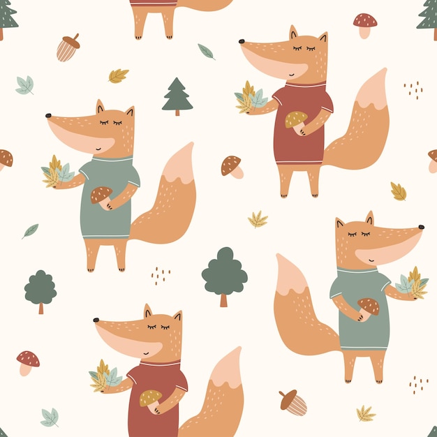 Kinderachtig naadloos patroon met schattige vos in Scandinavische stijltextuur voor stoffen behangkleding