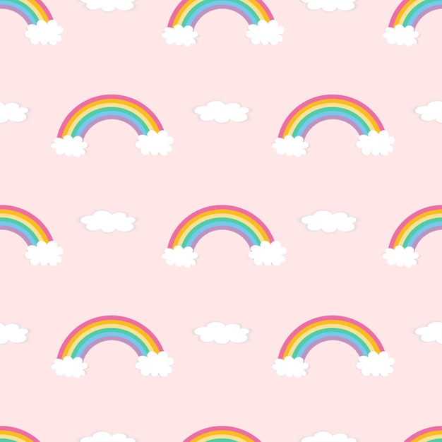 kinderachtig naadloos patroon op roze regenboog als achtergrond met wolken