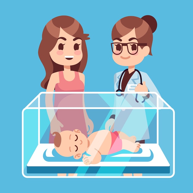 Kinderarts arts, moeder met kleine pasgeboren baby in incubatordoos in het ziekenhuis