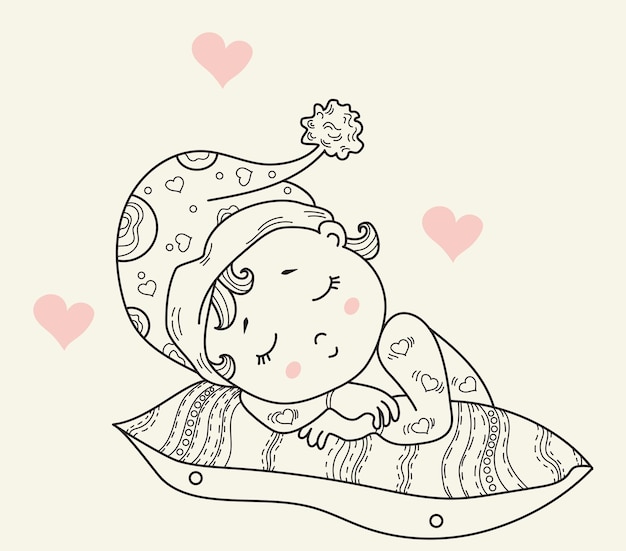 Kindercollectie schattige kleine baby in hoed slaapt op kussen sweet dreams vector outline