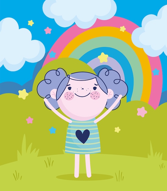 Kinderdag, cartoon gelukkig meisje met regenboogwolken en sterren vectorillustratie