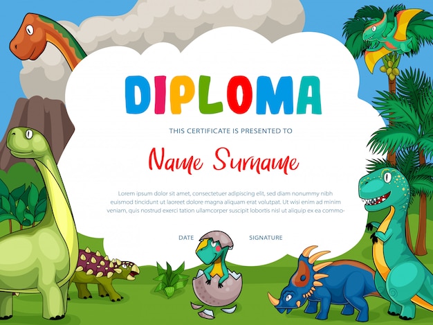 Kinderdiploma met cartoon schattige dinosaurussen