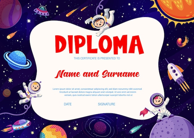 Kinderen astronaut diploma Cartoon galaxy ruimte planeten en sterren sterrenschip en astronauten in de ruimte Vector onderwijs frame of afgestudeerd certificaat met baby kosmonauten ruimteschepen en ruimtescheppen