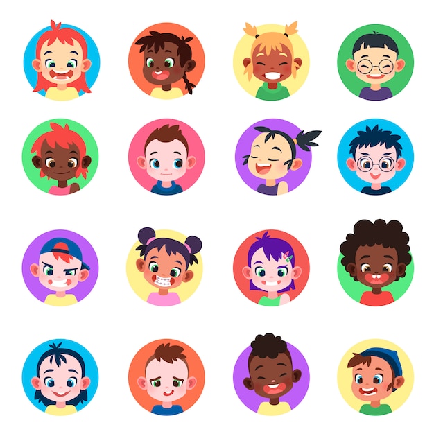 Vector kinderen avatar set. gezichten etnische schattige jongens meisjes avatars hoofd kind profiel portret karakter