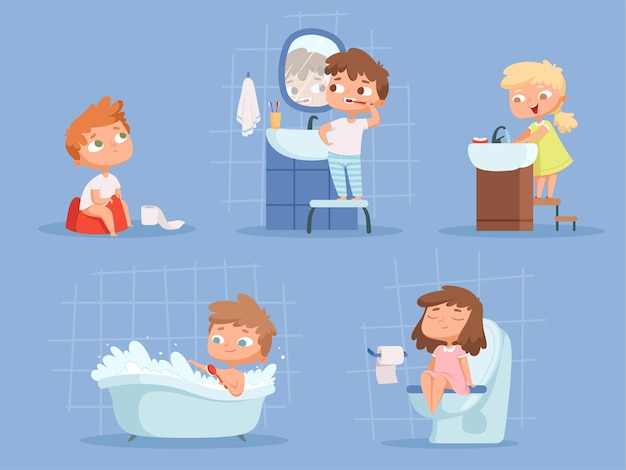 Kinderen baden. hygiëne voor kinderen schone tanden ochtend routine handen wassen vector cartoon mensen