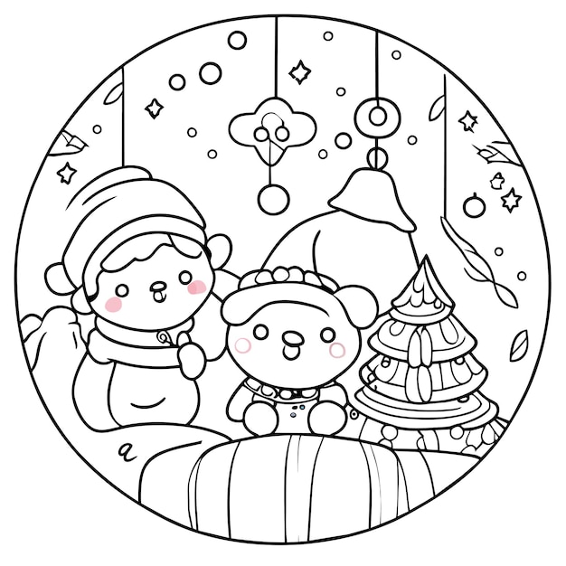 Vector kinderen boeken leuke kerstthema kleurplaat met sneeuwval en boom