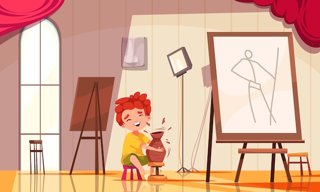 Vector kinderen creatieve hobby's cartoon met jongen die klei vaas maakt vector illustratie