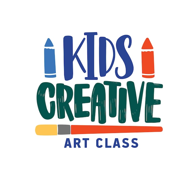 Kinderen creatieve kunst klasse platte vector logo. kinderachtig educatief centrum, ontwikkelingsstudio social media bannerconcept. kleurrijke belettering geïsoleerd op een witte achtergrond. kunstacademie logo ontwerp.