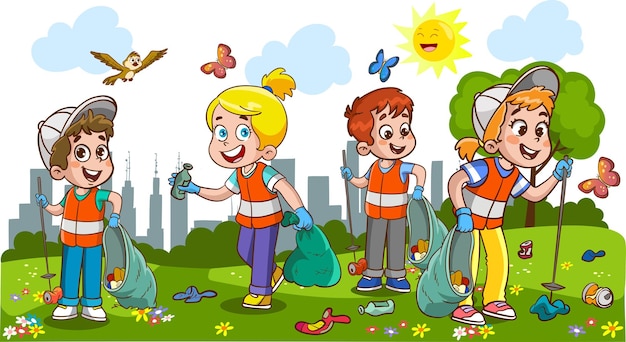 kinderen die het milieu schoonmaken van vuilnis cartoon vector