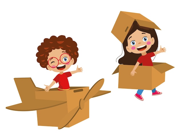Kinderen die plezier hebben met spelen met een speelgoedvliegtuig gemaakt van kartonnen dozen