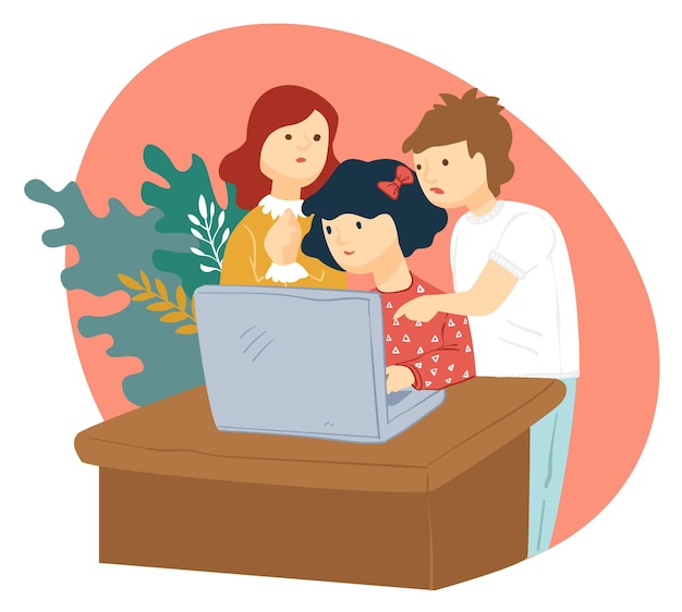 Kinderen die videogames spelen of video's bekijken op laptop. Jongen en meisjes studeren in groep vanuit huis. Kinderen die een pc gebruiken om op internet te surfen. Leuke kindertijdvector in vlakke stijl