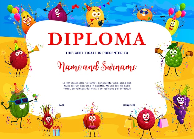 Kinderen diploma cartoon tropische vruchten op vakantie strandfeest vector onderwijscertificaat grappige vijgen druif en feijoa met mango en pitaya op feest viering op het strand voor kleuterschool diploma