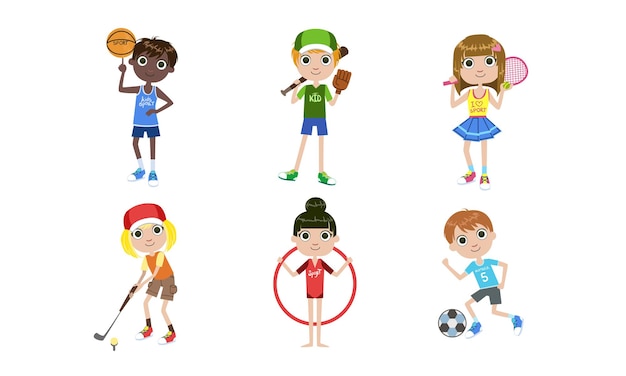 Vector kinderen doen verschillende soorten sporten set jongens en meisjes spelen volleybal basketbal tennis golf voetbal vector illustratie