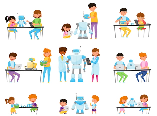 Vector kinderen en tieners zitten aan tafels en technische robots vector illustraties set