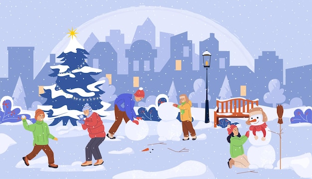 Vector kinderen en volwassenen spelen in de sneeuw maak sneeuwpop sneeuwbalspel landschap met kerstboom vector