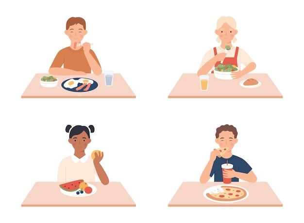 Kinderen eten jongens en meisjes zitten aan tafel en ontbijten gelukkige kleine vrouwelijke en mannelijke personages die ander voedsel eten