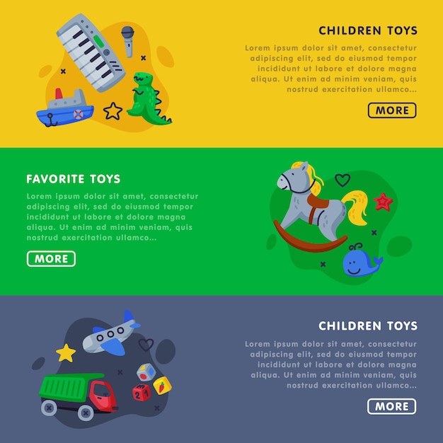 Kinderen Favoriete speelgoed Landing Page Templates Set Kids Speelgoedwinkel Club Kindergarten of Speelplaats Website Homepage Vector Illustratie