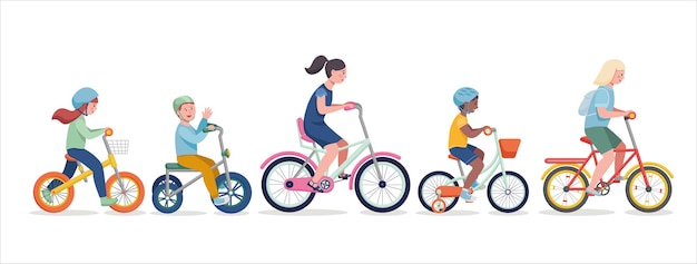 Kinderen fietsen. Illustratie van een groep kinderen fietsend op de fiets