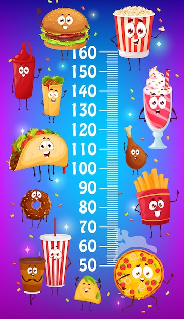 Kinderen hoogtemeter met grappige fastfood stripfiguren, vector groeimeter kind hoogte maatregel schaal. Leuke fastfoodburger, pizza en cheeseburger, hotdog en popcorn, taco's, koffie en donut