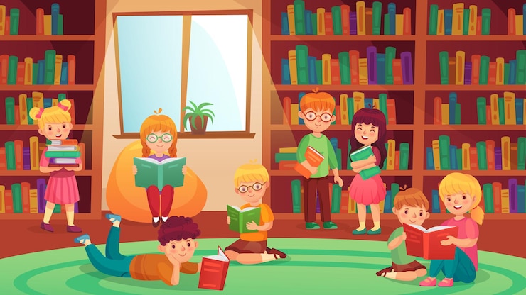 Vector kinderen in de bibliotheek die boeken lezen