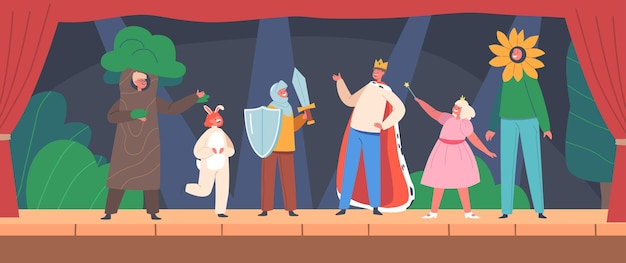 Kinderen in grappige theaterkostuums spelen op het podium met gordijnen en decorpersonages dragen fantasiekostuums