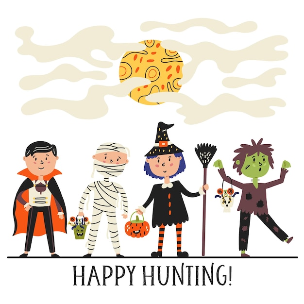 Vector kinderen in halloween kostuums vampier zombie mummie heks