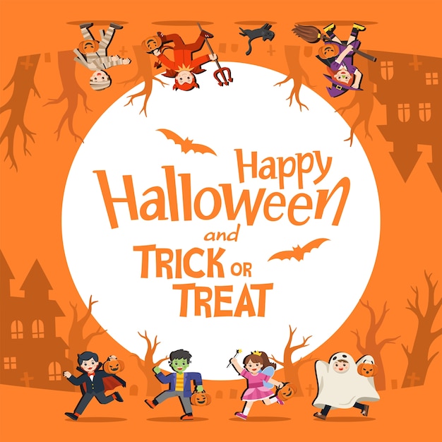 Kinderen in halloween-verkleedkleding om te gaan trick or treating.sjabloon voor reclamefolder. fijne halloween.
