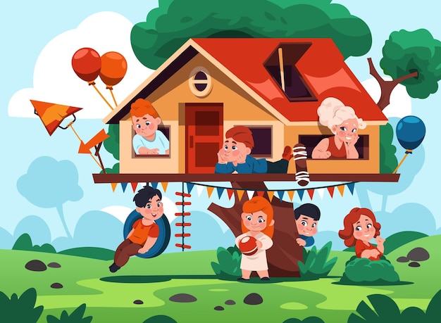 Kinderen in huis op boom Cartoon leuke en gezellige kinderspeelplaats met houten schuur op tak Gelukkige karakters klimmen en rennen Jongens en meisjes spelen samen in boomhut Vectorillustratie