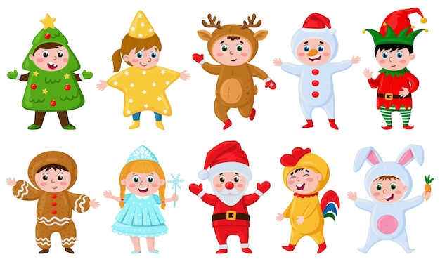 Kinderen in kerstkostuums cartoon kinderen dragen carnavalskostuums kleine santa rendier elf