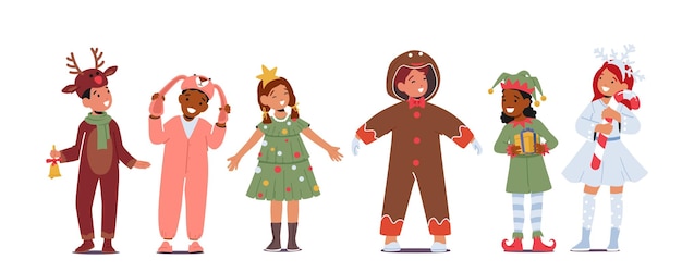 Kinderen in kerstkostuums Meisjes en jongens die optreden op school of kleuterschool Matinee Elf Snowflake Rabbit