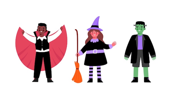 Kinderen in schattige kostuums voor Halloween. Heks, vampier, dracula, monster van Frankenstein, zombie.