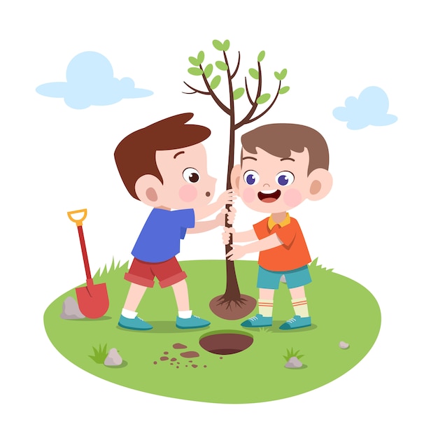 Kinderen jongens planten boom illustratie