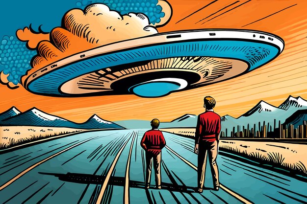 Vector kinderen kijken naar een enorme ufo die landt.