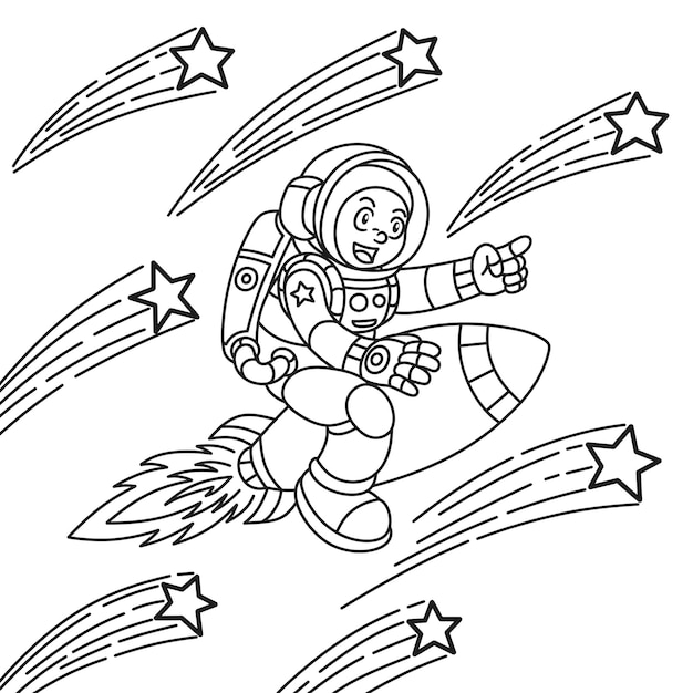 Kinderen kleurboek astronaut kruist de sterren op een hogesnelheidsraket
