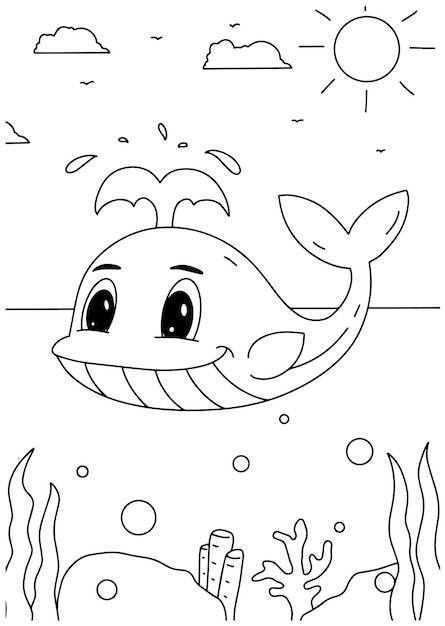 Kinderen kleurboek grote walvis in de natuur zee illustratie