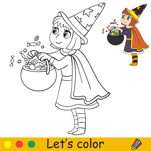 Kinderen kleuren met sjabloon Halloween meisje in een heksenkostuum
