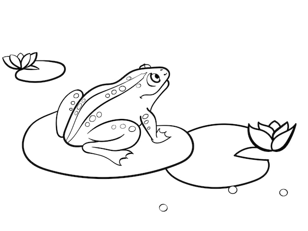 Kinderen kleuren pad een kikker zit op een waterlelie zwart-wit cartoon vector