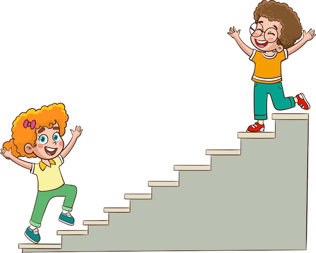 Kinderen klimmen trappen en een jongen gaat de trap op.