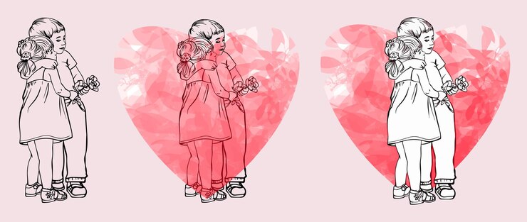 Vector kinderen knuffelen in het hart. vector zwart-wit en kleur tekening. valentijnsdag. liefdesverhaal