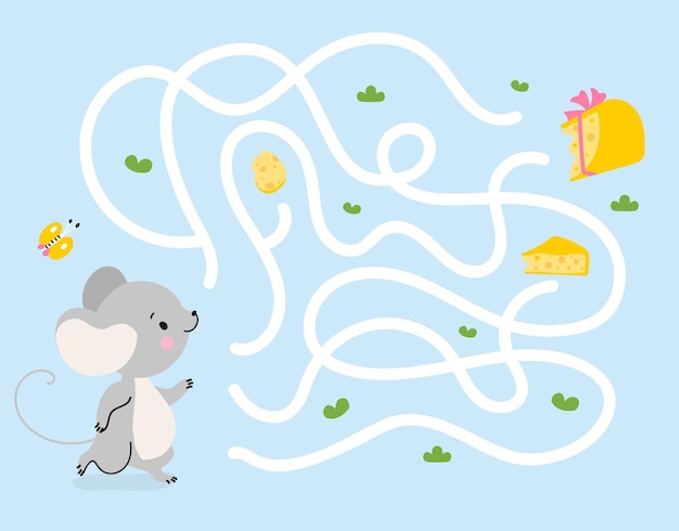 Kinderen labyrint spel muis vinden kaas Rat kiezen de juiste weg Kinderen papier spelen locatie spannend avontuur cartoon rat Kinderlijke labyrint hedendaagse vector scène