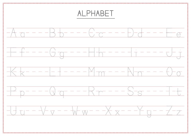 Kinderen leren afdrukbare traceeralfabetten in hoofdletters en kleine letters