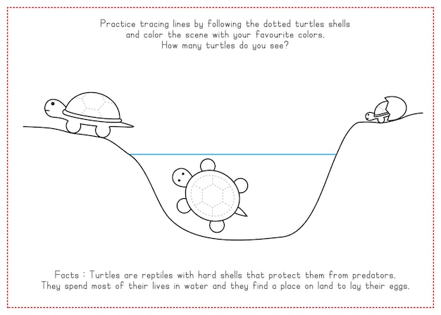 Kinderen leren werkblad traceerlijnen en kleuren turtle