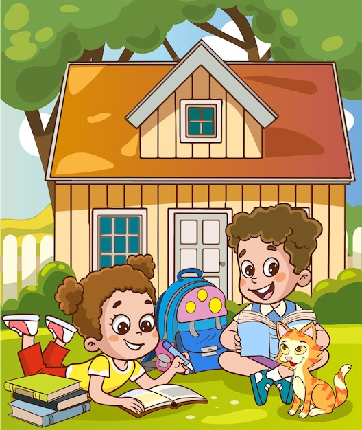 Kinderen lezen boeken voor het huis Vector cartoon illustratie